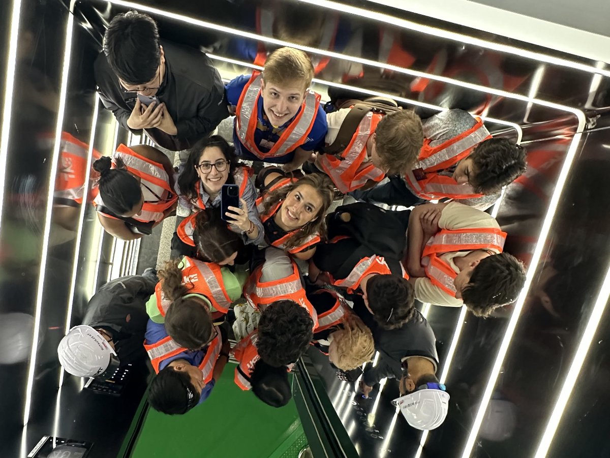 My friends and I inside a TK Elevator taking us up 36 floors of their testing tower